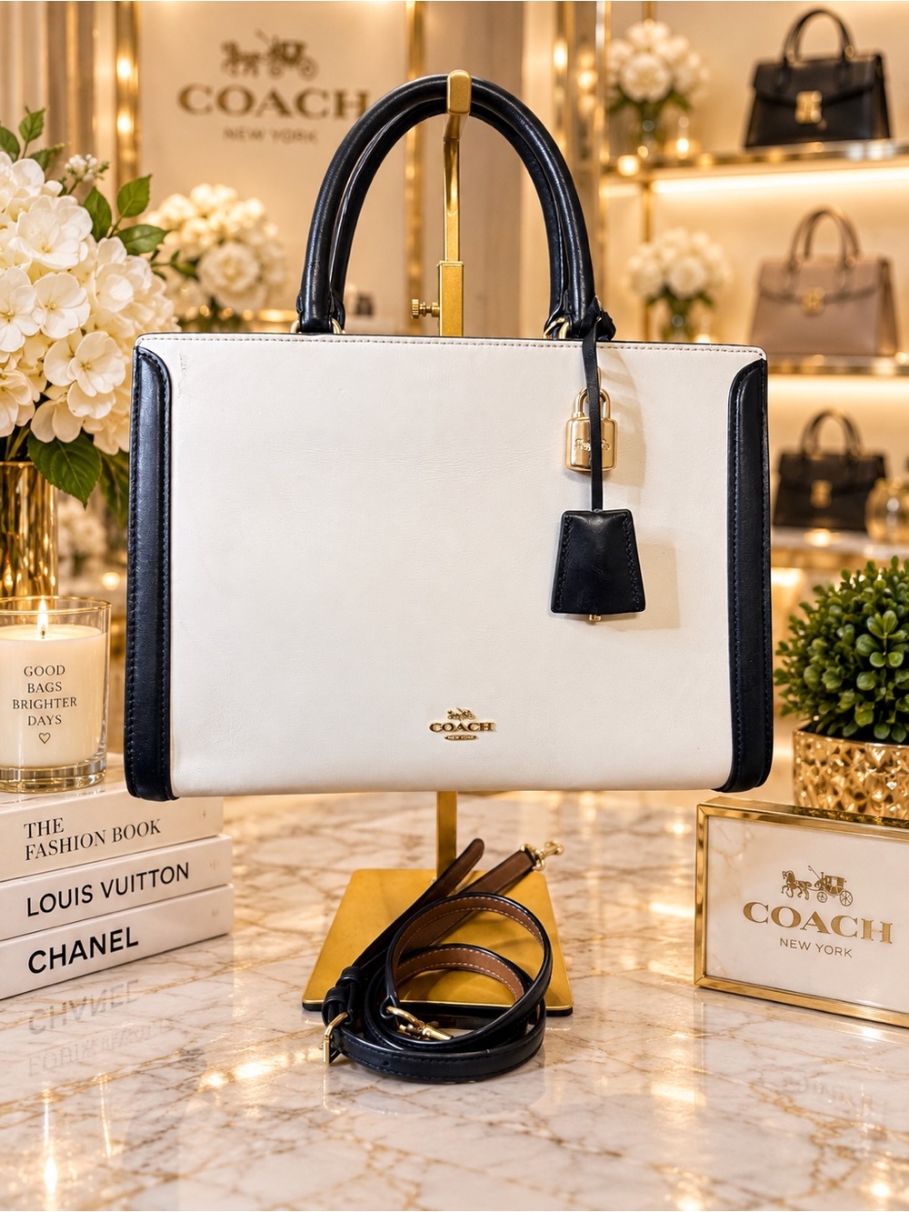 COACH Two-Tone Leather Satchel in White and Black with Gold Hardware
